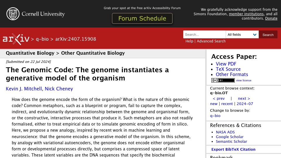 Screenshot of arxiv.org: The Genomic Code: The genome instantiates a generative model of the organism