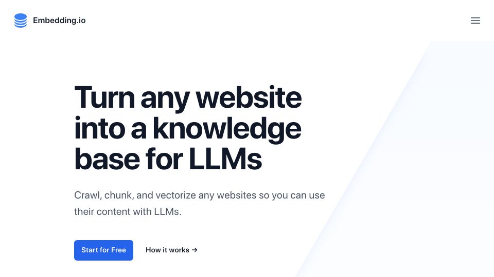 Screenshot of embedding.io: Show HN: Turn any website into a knowledge base for LLMs