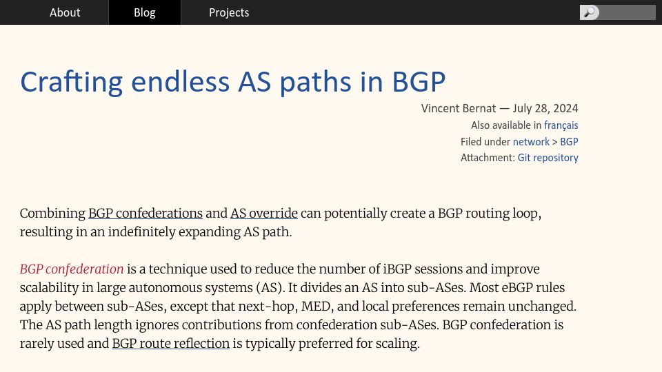 Screenshot of vincent.bernat.ch: Crafting endless AS paths in BGP