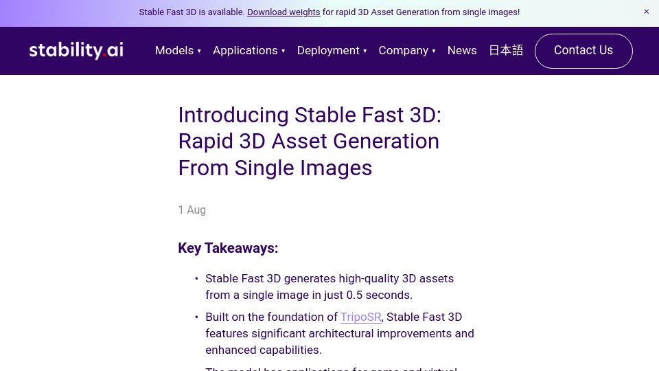 Screenshot of stability.ai: Stable Fast 3D: Rapid 3D Asset Generation from Single Images