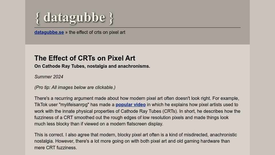 Screenshot of datagubbe.se: The effect of CRTs on pixel art