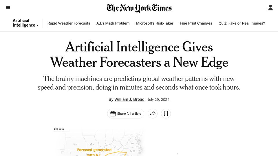 Screenshot of nytimes.com: Artificial intelligence gives weather forecasters a new edge