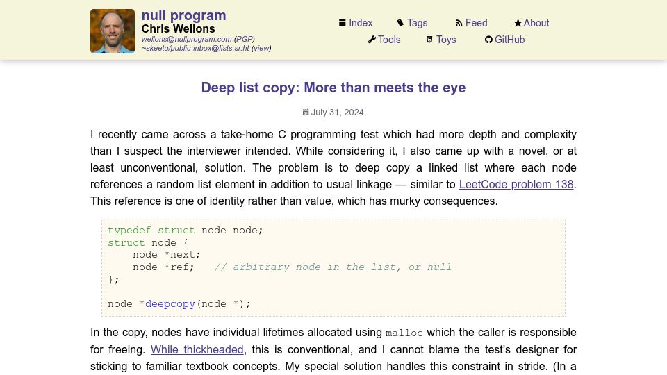 Screenshot of nullprogram.com: Deep list copy: More than meets the eye