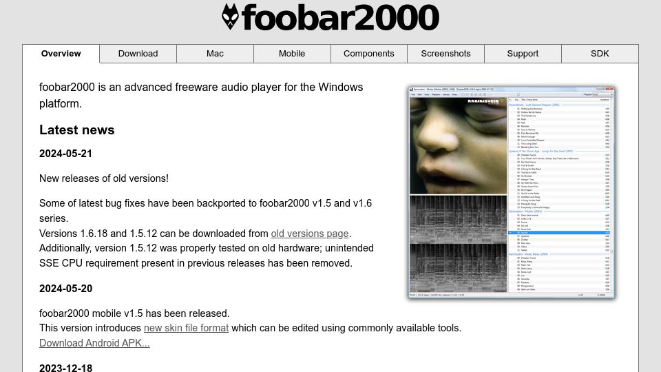 Screenshot of foobar2000.org: Foobar2000