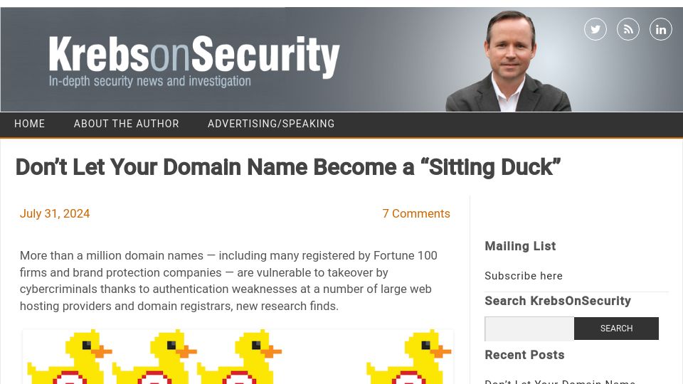 Screenshot of krebsonsecurity.com: Don’t let your domain name become a sitting duck