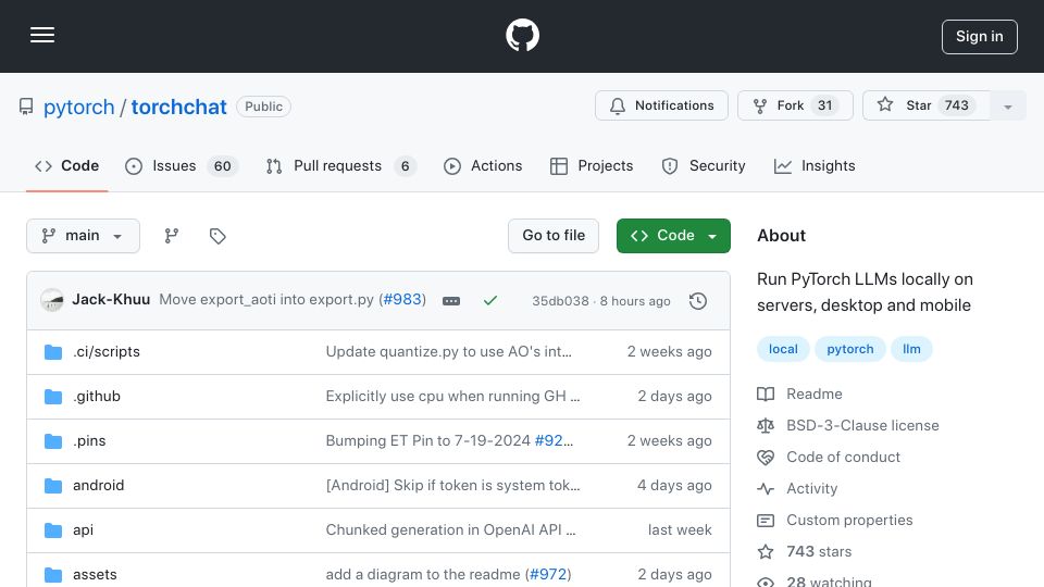 Screenshot of github.com: Torchchat: Chat with LLMs Everywhere