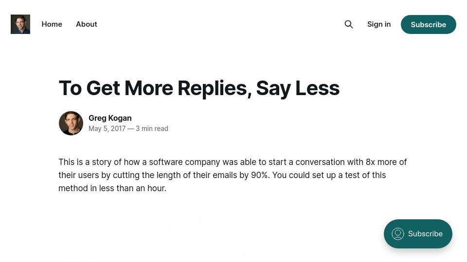 Screenshot of gkogan.co: Say less in your emails, get more replies (2017)