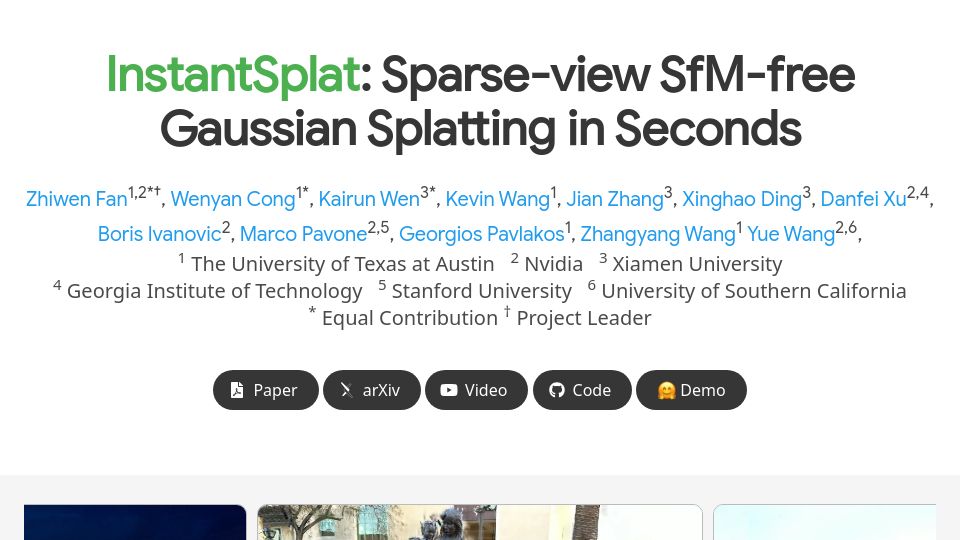 Screenshot of instantsplat.github.io: InstantSplat: Sparse-View SfM-Free Gaussian Splatting in Seconds