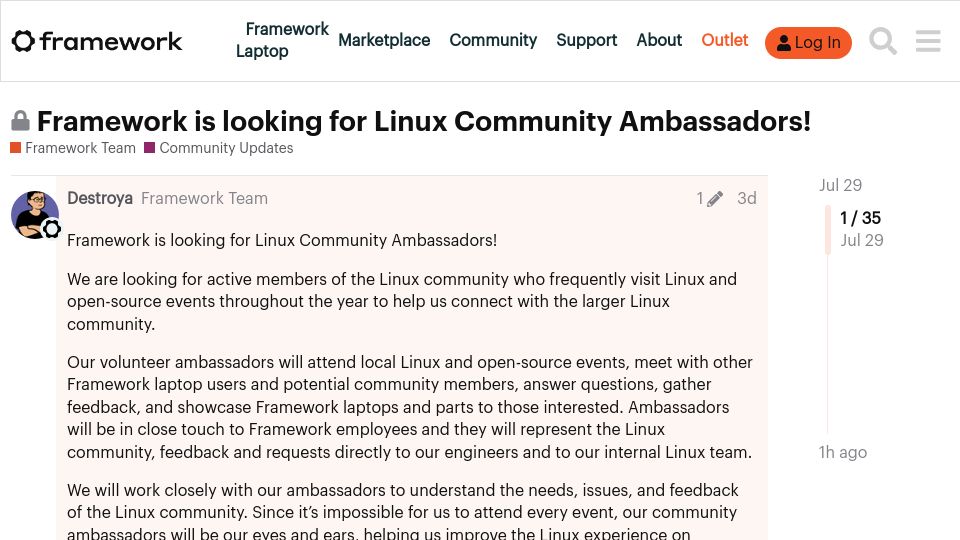 Screenshot of community.frame.work: Framework is looking for Linux Community Ambassadors