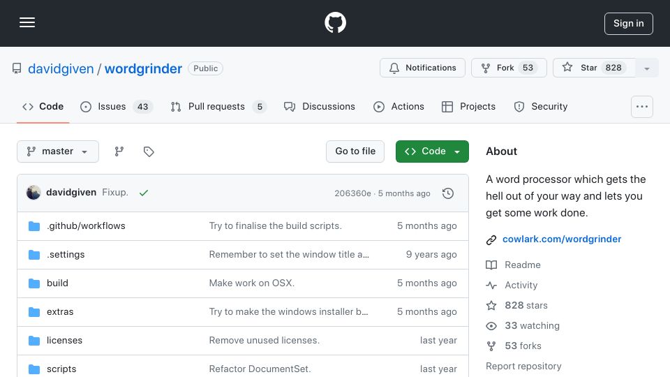 Screenshot of github.com: WordGrinder: A simple word processor that runs on the console