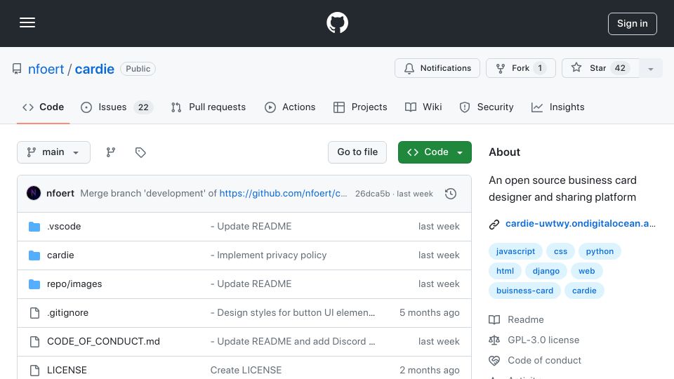 Screenshot of github.com: Cardie – An open source business card designer and sharing platform