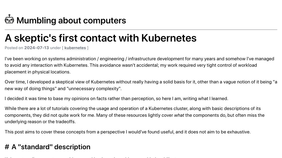 Screenshot of blog.davidv.dev: A skeptic's first contact with Kubernetes
