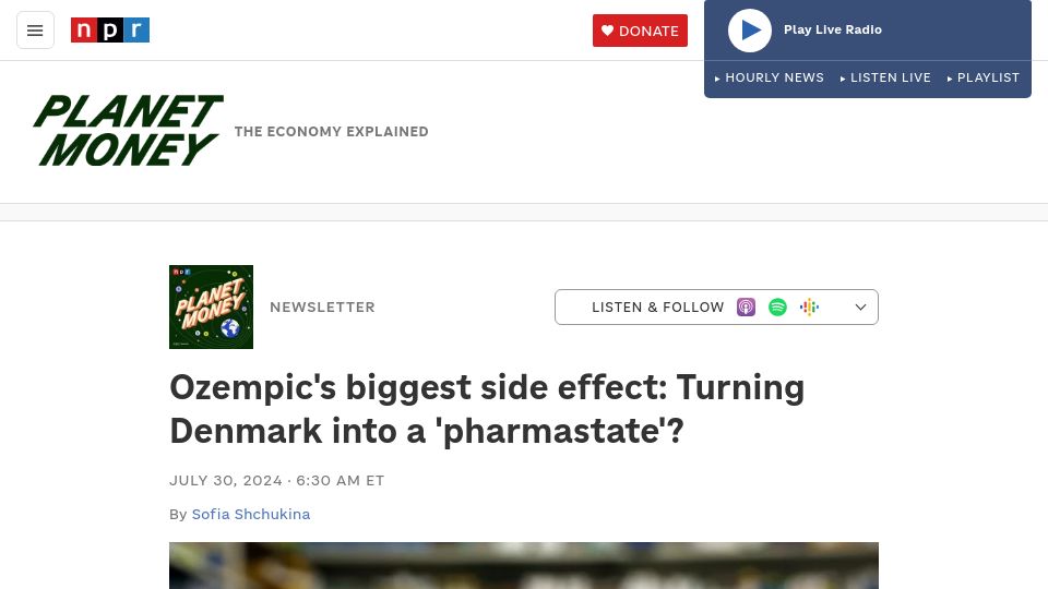 Screenshot of npr.org: Ozempic's biggest side effect: Turning Denmark into a 'pharmastate'?