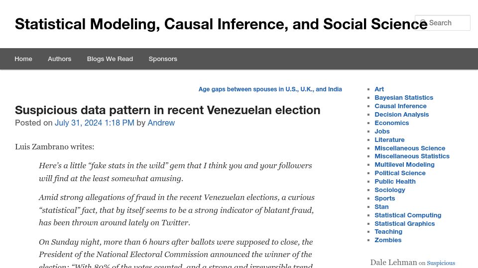 Screenshot of statmodeling.stat.columbia.edu: Suspicious data pattern in recent Venezuelan election