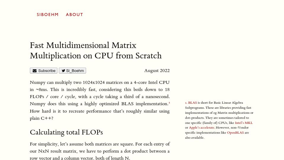 Screenshot of siboehm.com: Fast Multidimensional Matrix Multiplication on CPU from Scratch (2022)