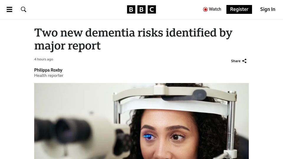 Screenshot of bbc.com: Two new dementia risks identified by major report
