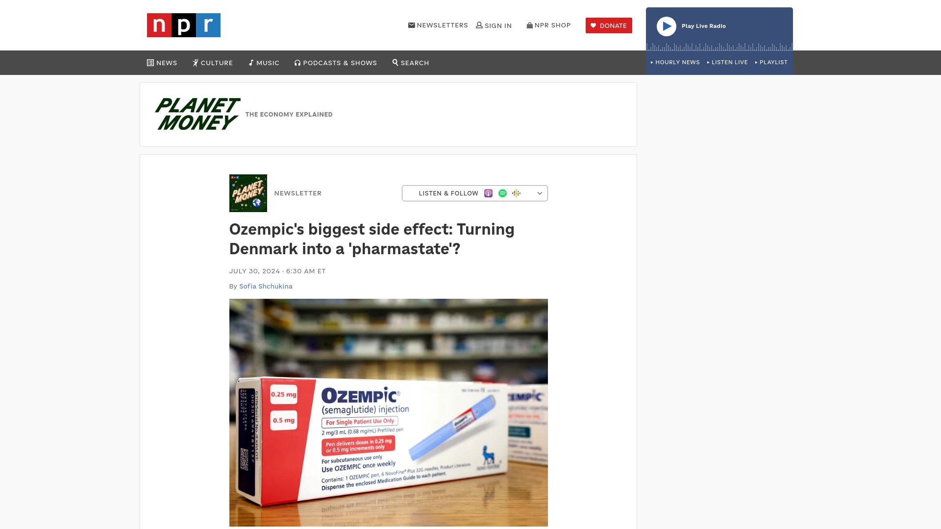 Screenshot of npr.org: Ozempic's biggest side effect: Turning Denmark into a 'pharmastate'?