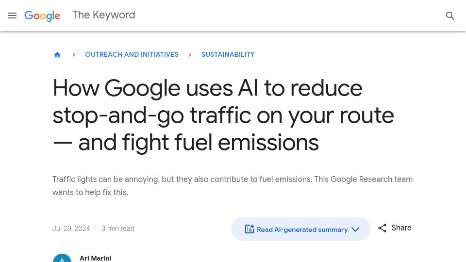 Screenshot of blog.google: Google uses AI to reduce stop-and-go traffic on your route