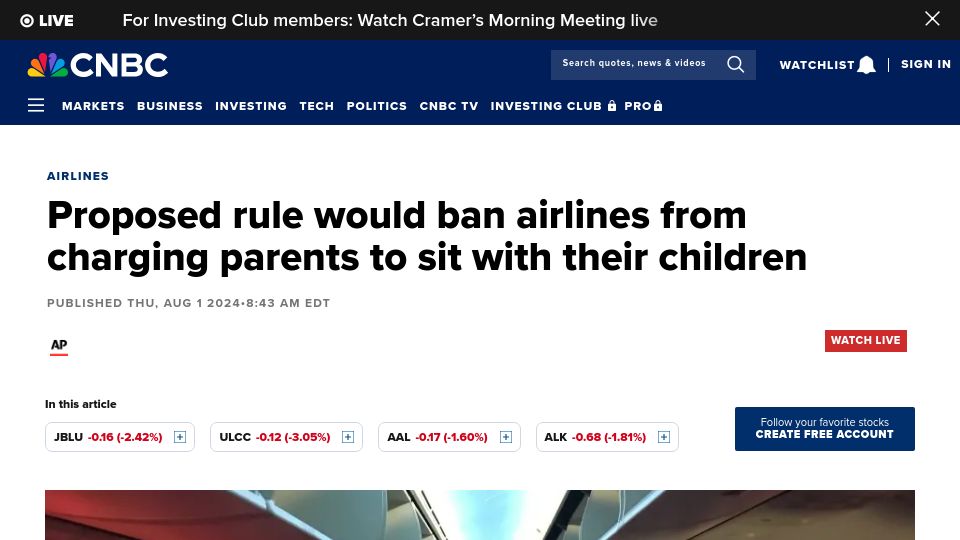 Screenshot of cnbc.com: Proposed rule would ban airlines from charging parents to sit with children
