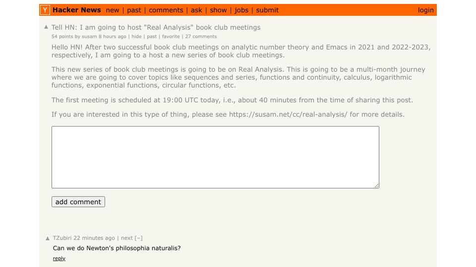 Screenshot of Hacker News post: Tell HN: I am going to host "Real Analysis" book club meetings