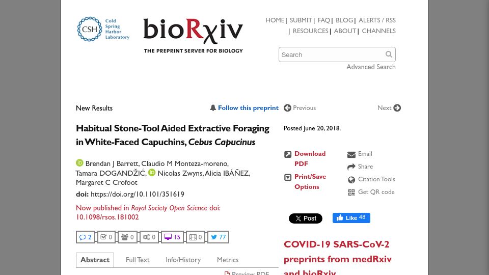 Screenshot of biorxiv.org: Habitual stone-tool aided extractive foraging in white-faced capuchins (2018)