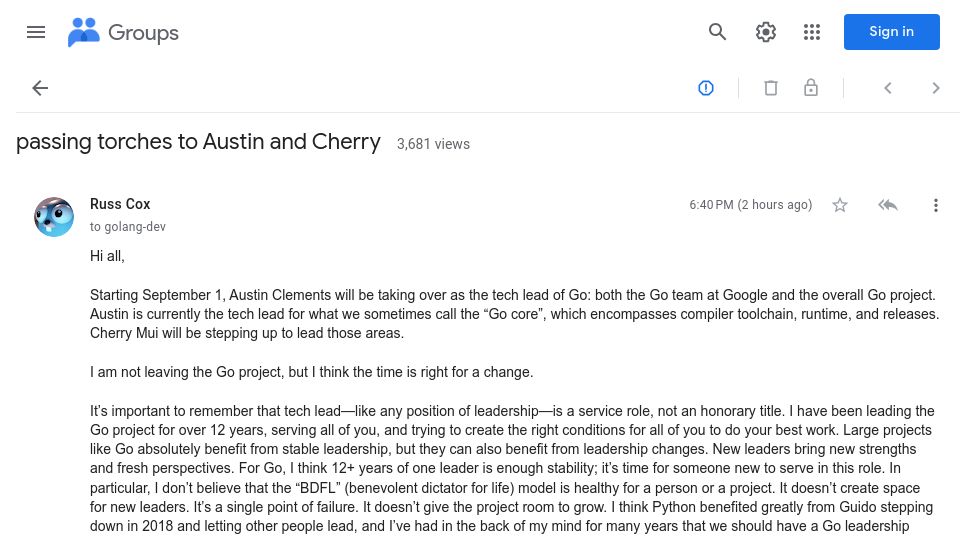 Screenshot of groups.google.com: Russ Cox is stepping down as the Go tech lead