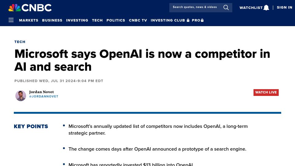 Screenshot of cnbc.com: Microsoft says OpenAI is now a competitor in AI and search