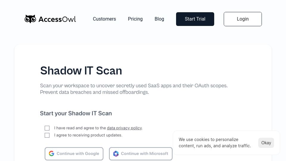 Screenshot of accessowl.io: Show HN: Shadow IT Scan – Uncover SaaS Apps, Users and Risky OAuth Scopes