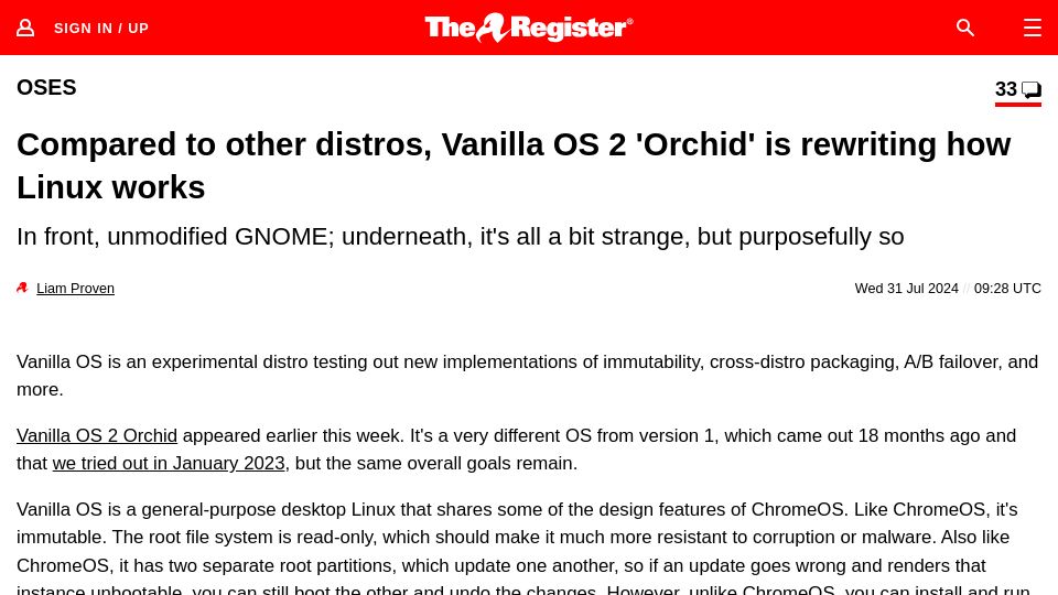 Screenshot of theregister.com: Compared to other distros, Vanilla OS 2 'Orchid' is rewriting how Linux works