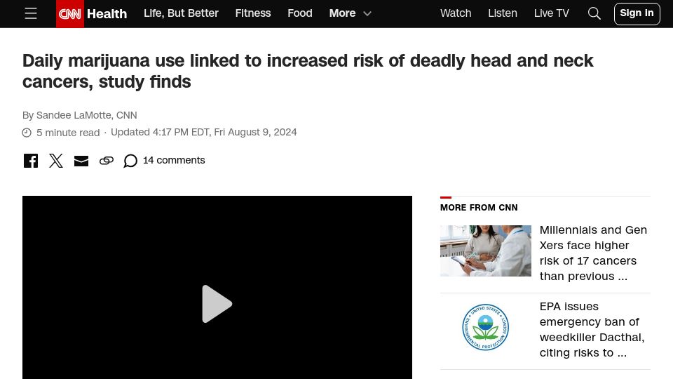 Screenshot of cnn.com: Daily marijuana use linked to increased risk of deadly head and neck cancers