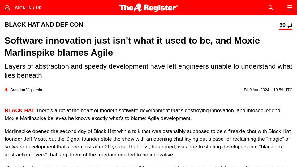 Screenshot of theregister.com: Moxie Marlinspike: Agile is killing software innovation