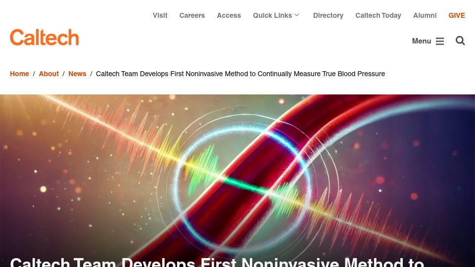 Screenshot of caltech.edu: Caltech Develops First Noninvasive Method to Continually Measure Blood Pressure