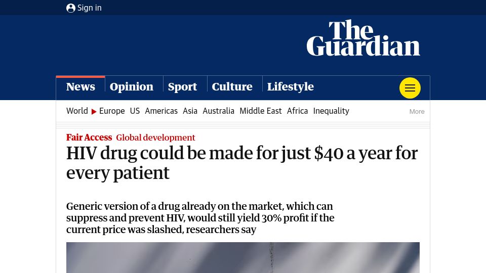 Screenshot of theguardian.com: HIV drug could be made for just $40 a year for every patient