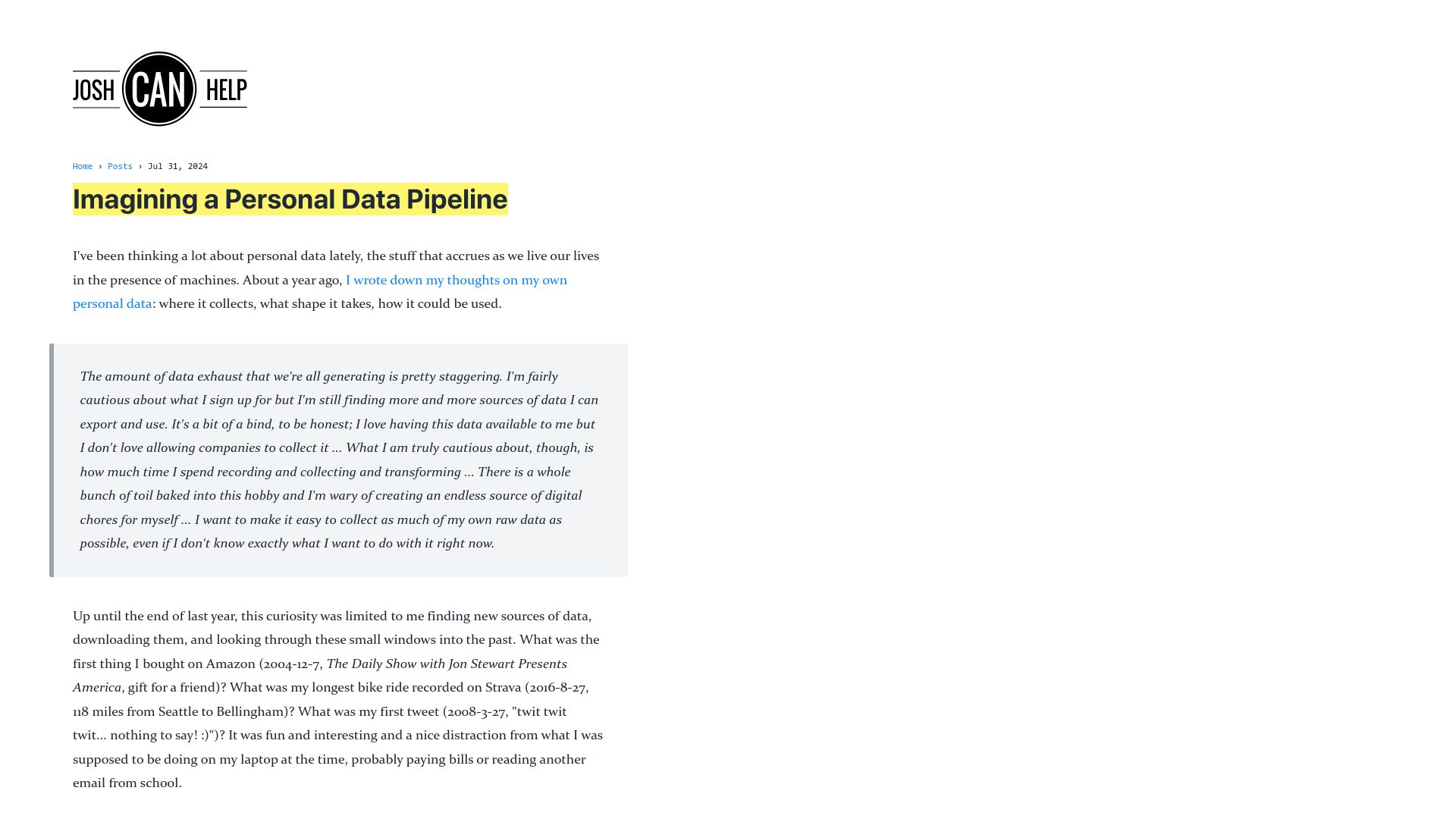 Screenshot of joshcanhelp.com: Imagining a personal data pipeline