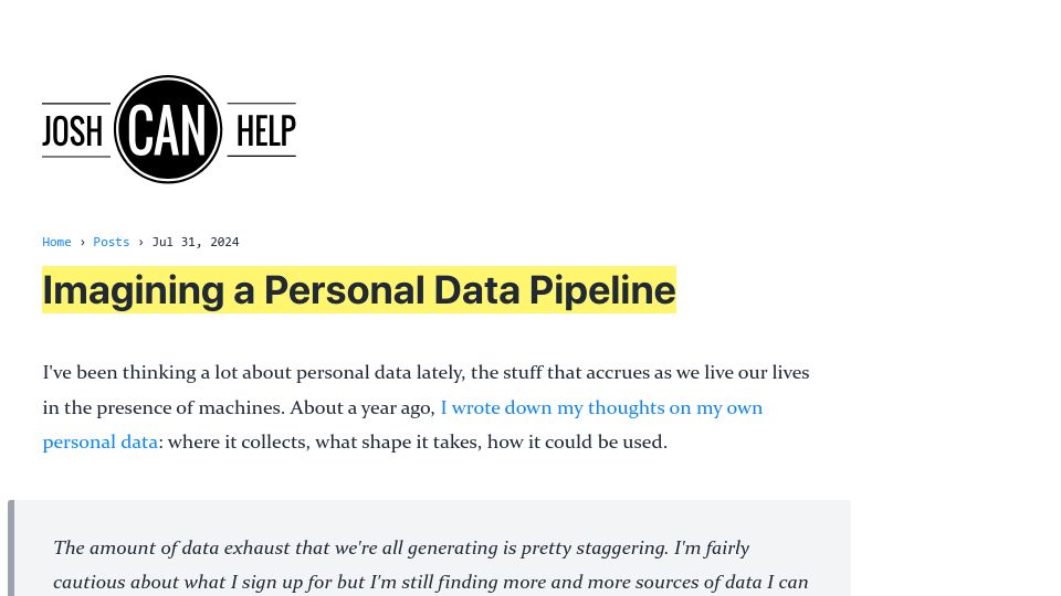 Screenshot of joshcanhelp.com: Imagining a personal data pipeline