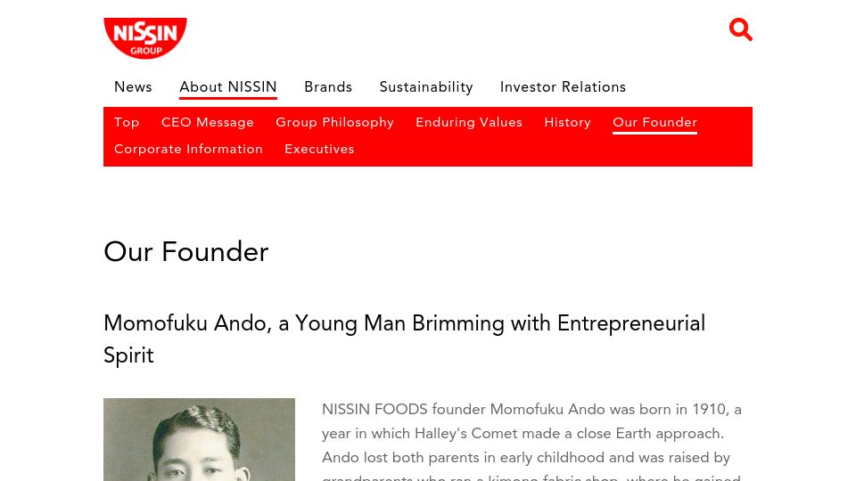 Screenshot of nissin.com: Our Founder – Momofuku Ando