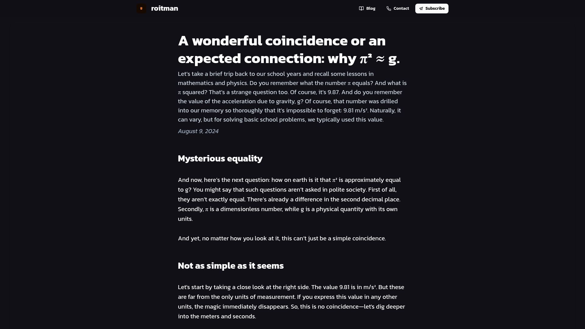 Screenshot of roitman.io: A wonderful coincidence or an expected connection: why π² ≈ g