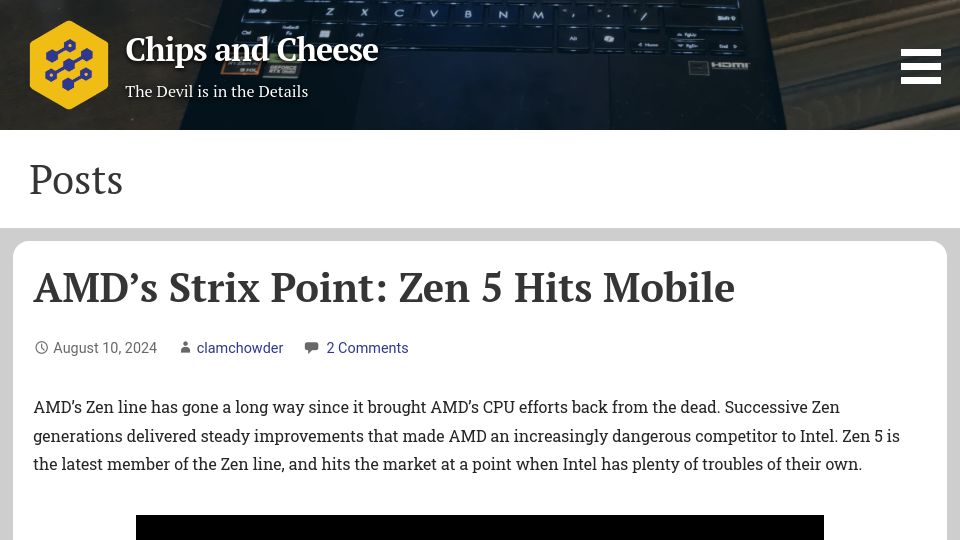 Screenshot of chipsandcheese.com: AMD's Strix Point: Zen 5 Hits Mobile