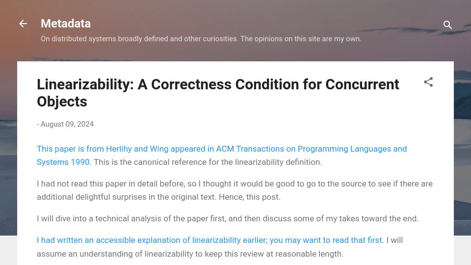Screenshot of muratbuffalo.blogspot.com: Linearizability: A correctness condition for concurrent objects
