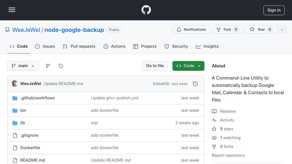 Screenshot of github.com: Command-Line Utility to Backup Google Mail, Calendar and Contacts to Files