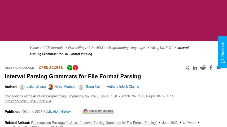 Screenshot of dl.acm.org: Interval parsing grammars for file format parsing (2023)