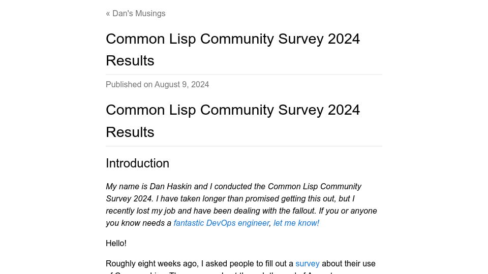 Screenshot of blog.djhaskin.com: Common Lisp Community Survey 2024 Results