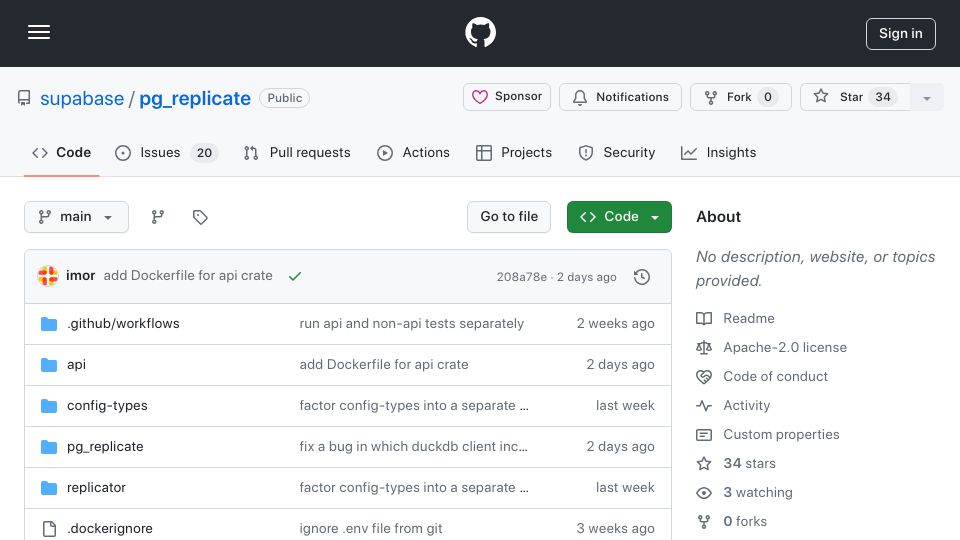 Screenshot of github.com: Show HN: Pg_replicate – Build Postgres replication applications in Rust