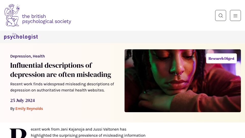Screenshot of bps.org.uk: Influential descriptions of depression are often misleading
