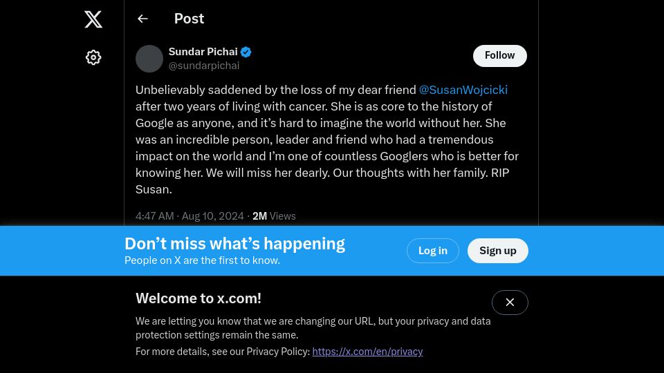 Screenshot of twitter.com: Susan Wojcicki has died