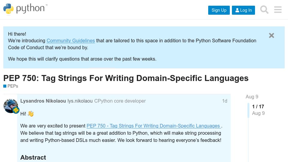 Screenshot of discuss.python.org: PEP 750: Tag Strings for Writing Domain-Specific Languages