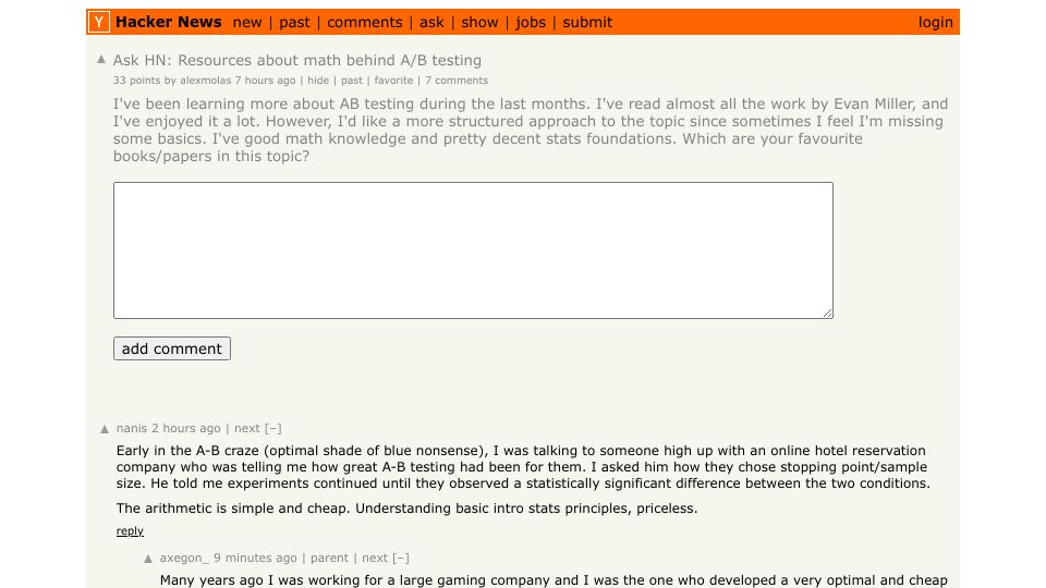 Screenshot of Hacker News post: Ask HN: Resources about math behind A/B testing