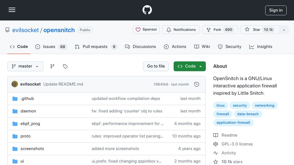 Screenshot of github.com: OpenSnitch is a GNU/Linux interactive application firewall