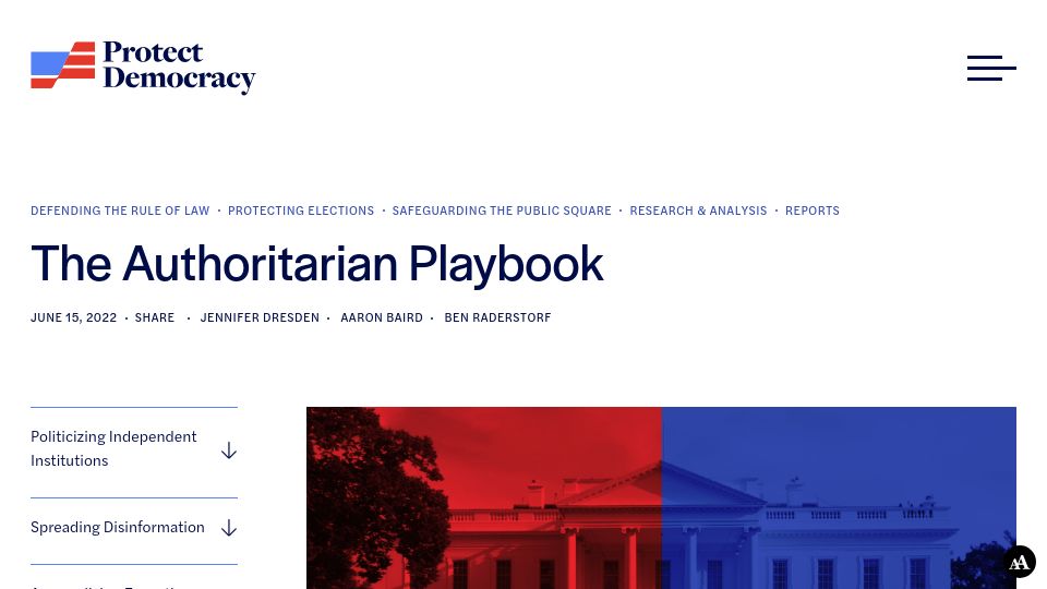 Screenshot of protectdemocracy.org: The Authoritarian Playbook (2022)