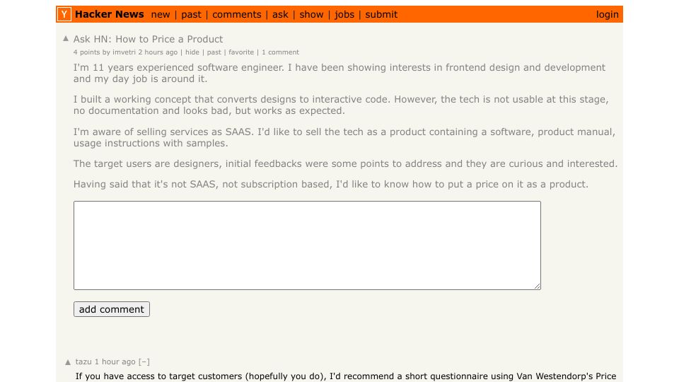 Screenshot of Hacker News post: Ask HN: How to Price a Product